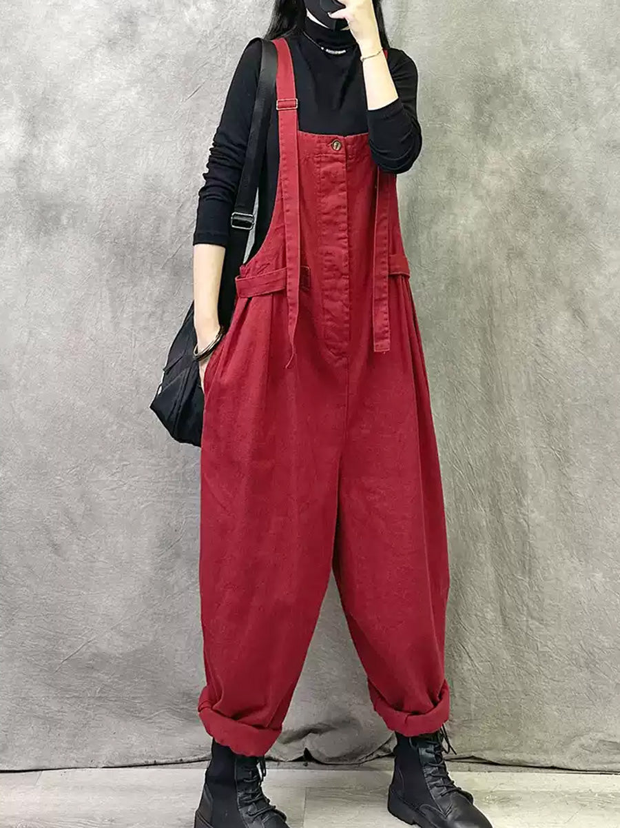 Plus Size Women Summer Casual Pure Color Cotton Jumpsuits