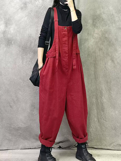 Plus Size Women Summer Casual Pure Color Cotton Jumpsuits