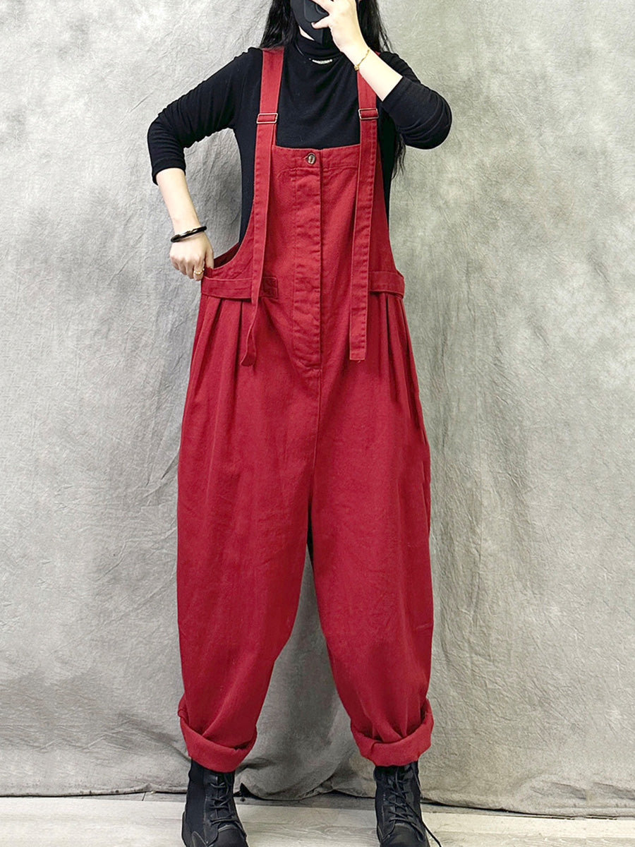 Plus Size Women Summer Casual Pure Color Cotton Jumpsuits