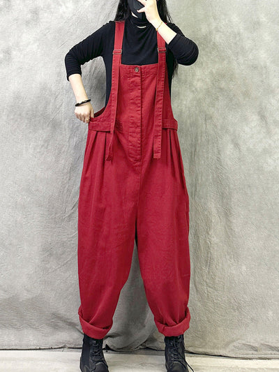 Plus Size Women Summer Casual Pure Color Cotton Jumpsuits