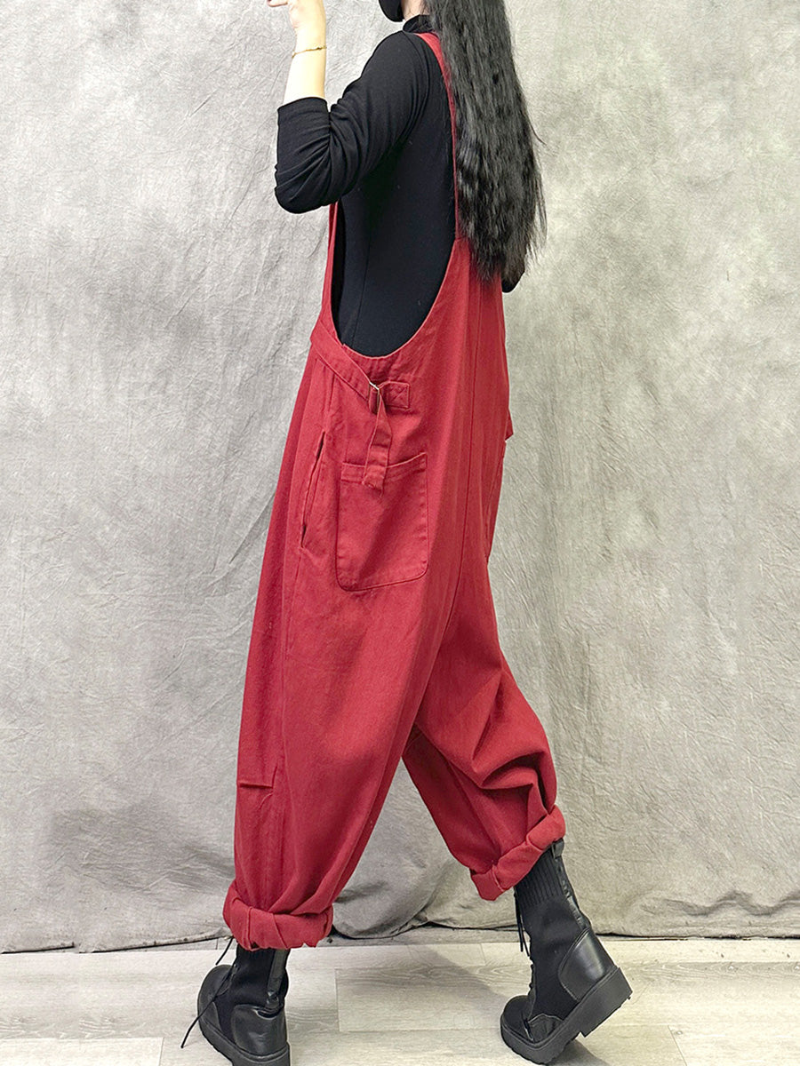 Plus Size Women Summer Casual Pure Color Cotton Jumpsuits