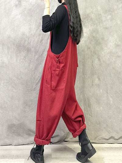 Plus Size Women Summer Casual Pure Color Cotton Jumpsuits