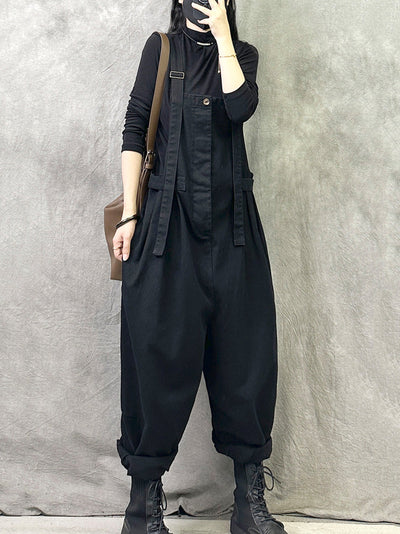 Plus Size Women Summer Casual Pure Color Cotton Jumpsuits