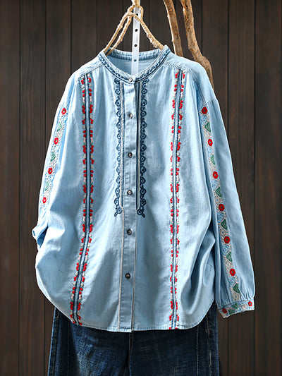 Women Summer Ethnic Floral Embroidery 100%Cotton Shirt