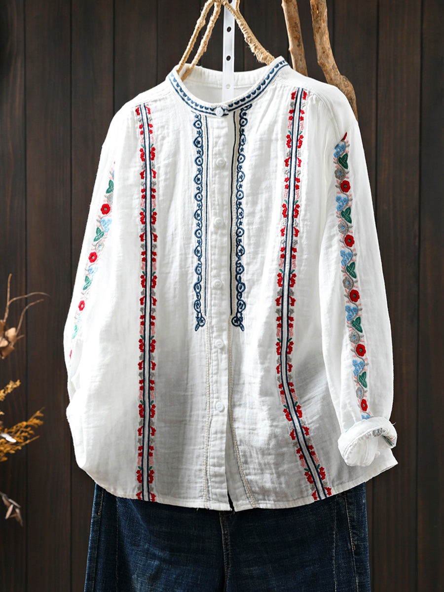 Women Summer Ethnic Floral Embroidery 100%Cotton Shirt