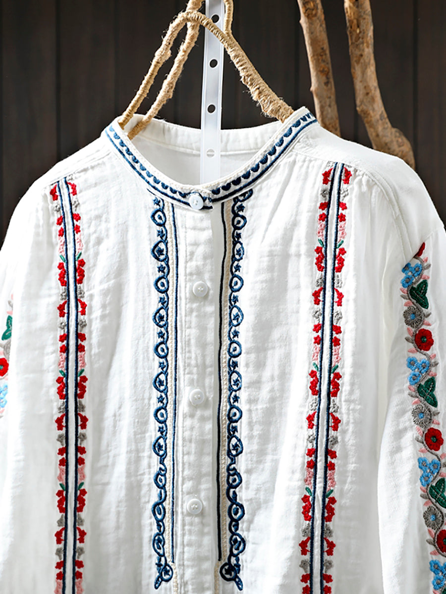 Women Summer Ethnic Floral Embroidery 100%Cotton Shirt