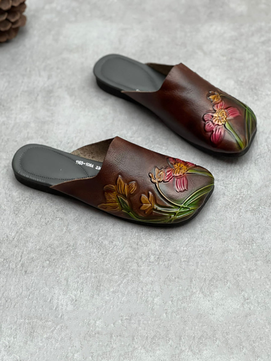 Women Vintage Flower Print Soft Leather Slippers