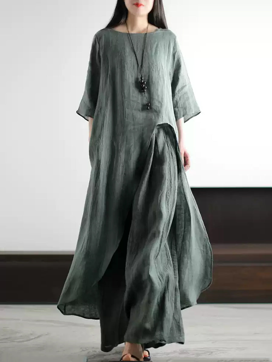 Plus Size Women Summer Vintage O-Neck Loose Linen Suits