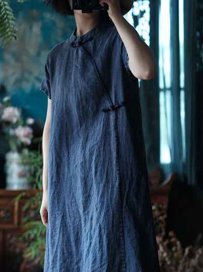 Women Summer Ethnic Pure Color Linen Cheongsam Dress