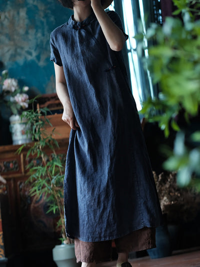 Women Summer Ethnic Pure Color Linen Cheongsam Dress