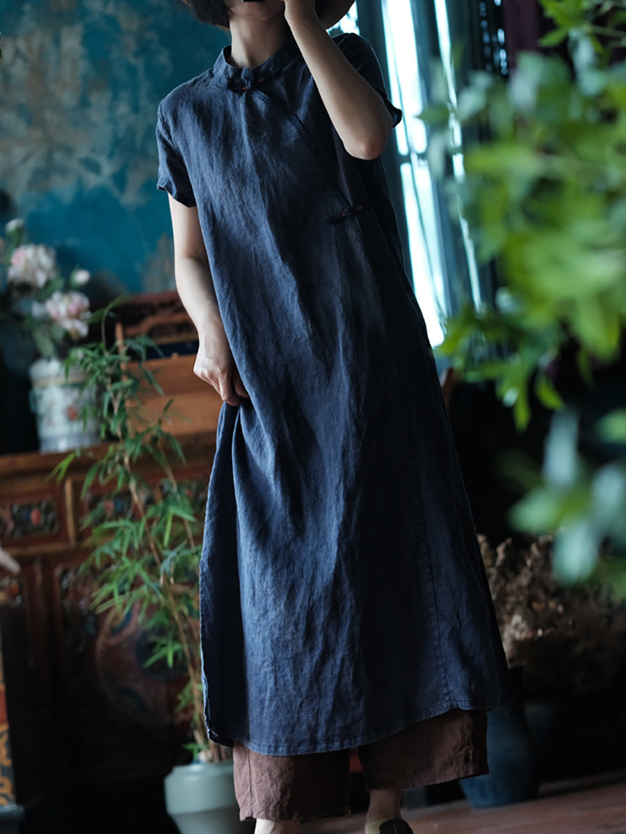 Women Summer Ethnic Pure Color Linen Cheongsam Dress