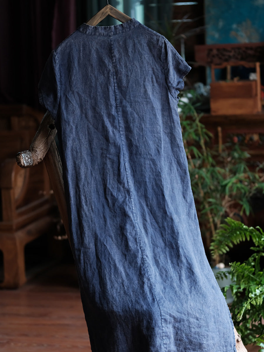 Women Summer Ethnic Pure Color Linen Cheongsam Dress