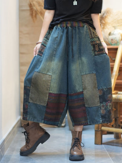 Women Summer Patchwork Denim Wide-leg Pants