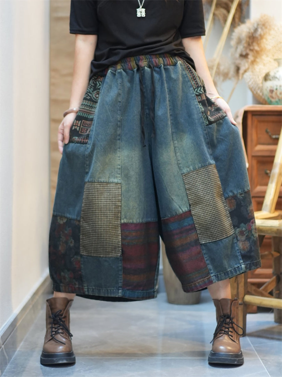 Women Summer Patchwork Denim Wide-leg Pants