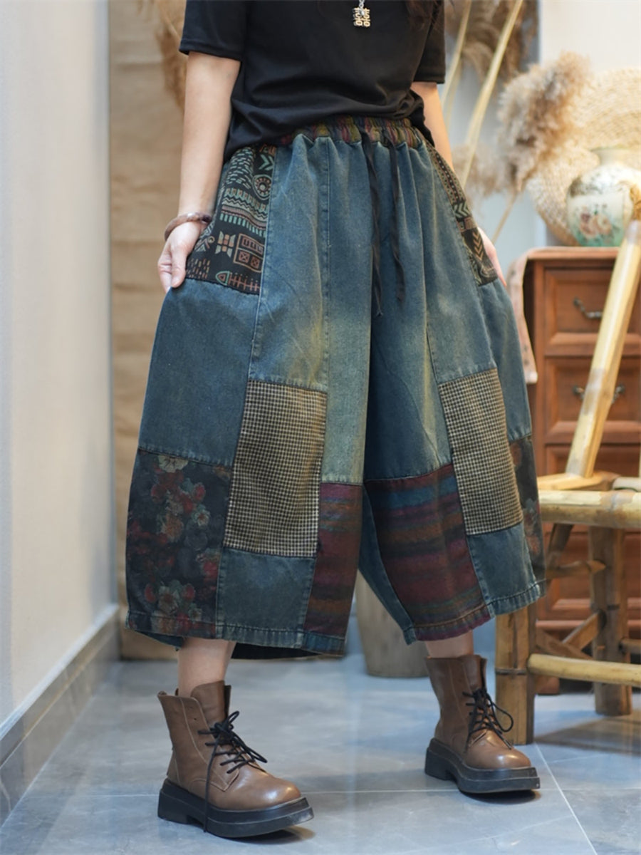 Women Summer Patchwork Denim Wide-leg Pants