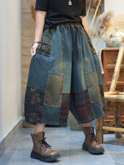 Women Summer Patchwork Denim Wide-leg Pants