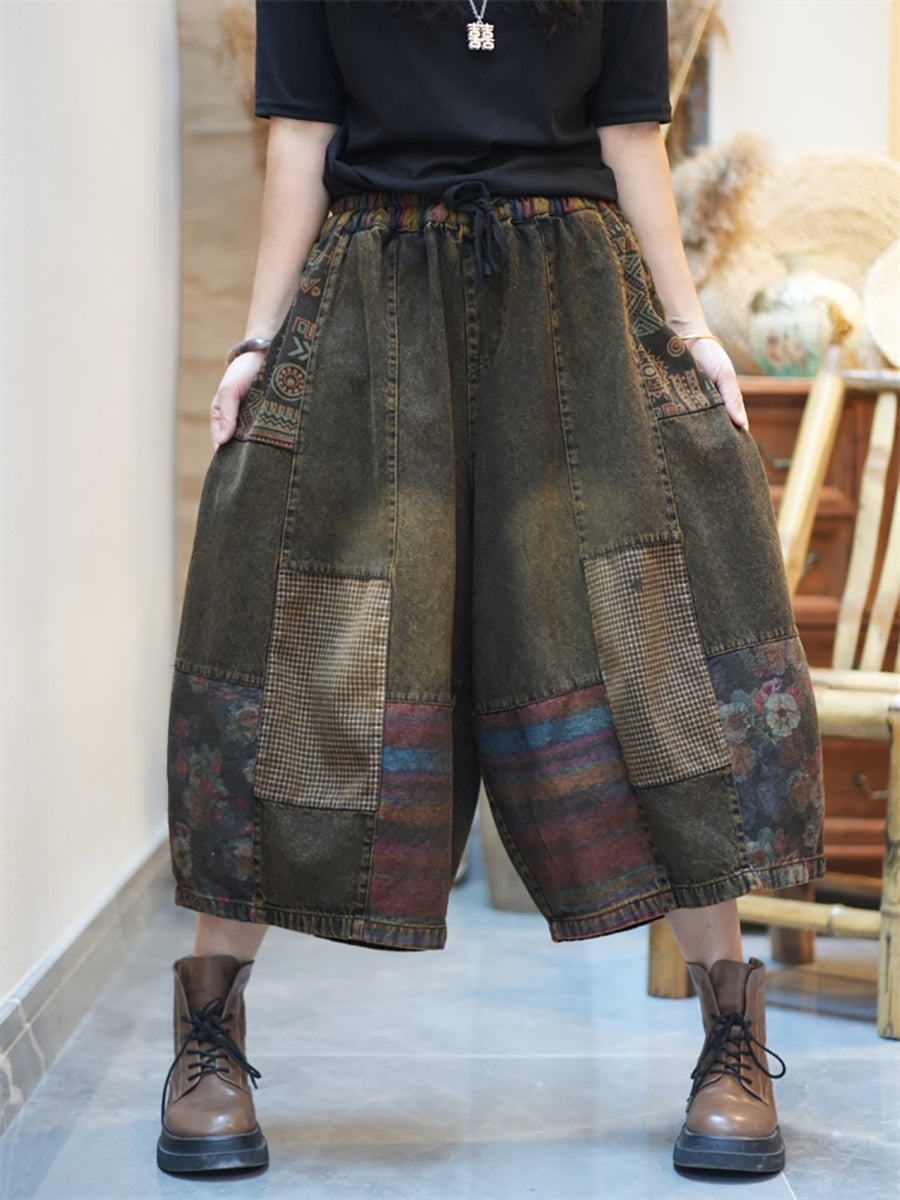 Women Summer Patchwork Denim Wide-leg Pants