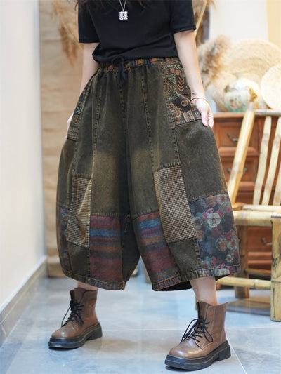Women Summer Patchwork Denim Wide-leg Pants