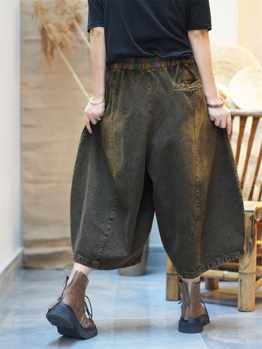 Women Summer Patchwork Denim Wide-leg Pants