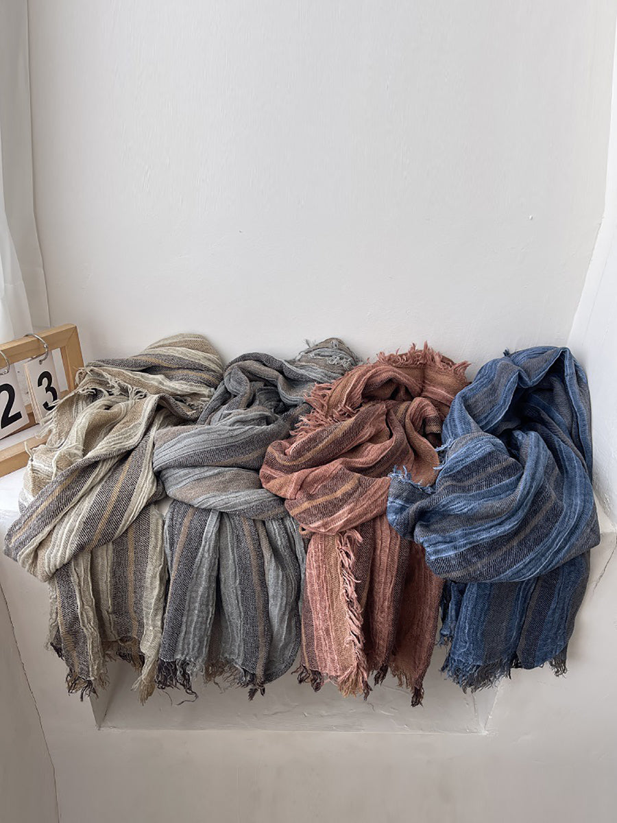 Women Retro Colorblock Stripe Raw-edge Shawl Scarf