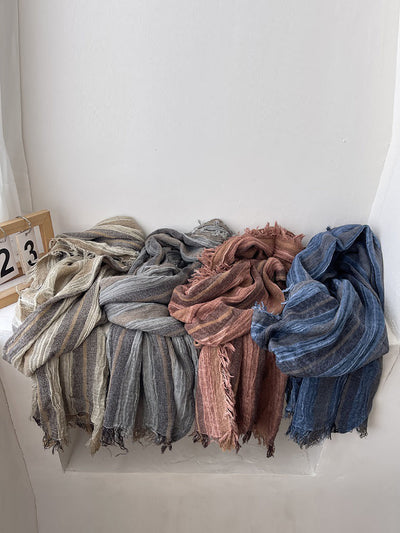 Women Retro Colorblock Stripe Raw-edge Shawl Scarf