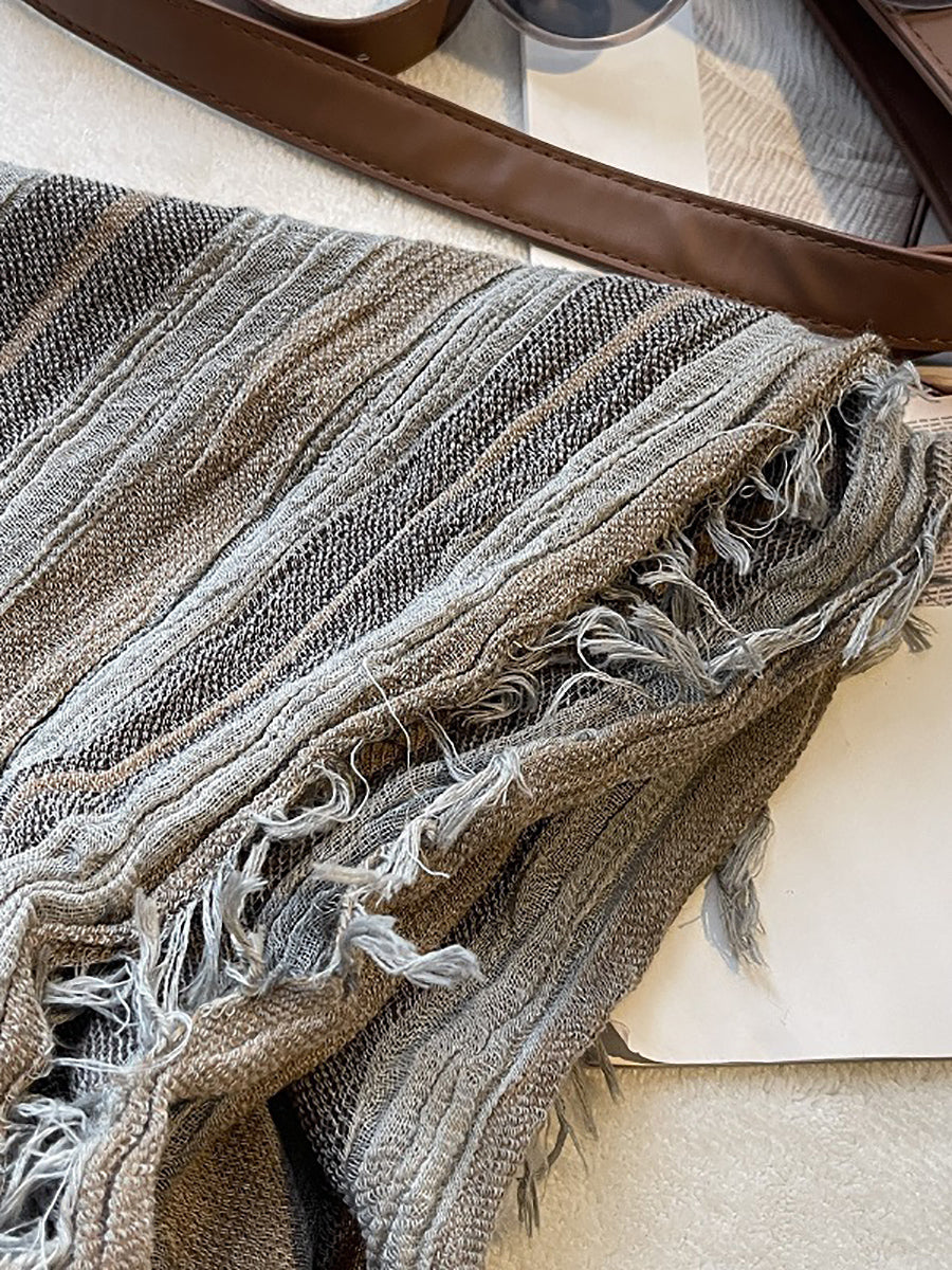 Women Retro Colorblock Stripe Raw-edge Shawl Scarf