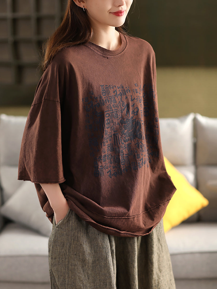 Women Summer Vintage Print O-Neck 100%Cotton Shirt