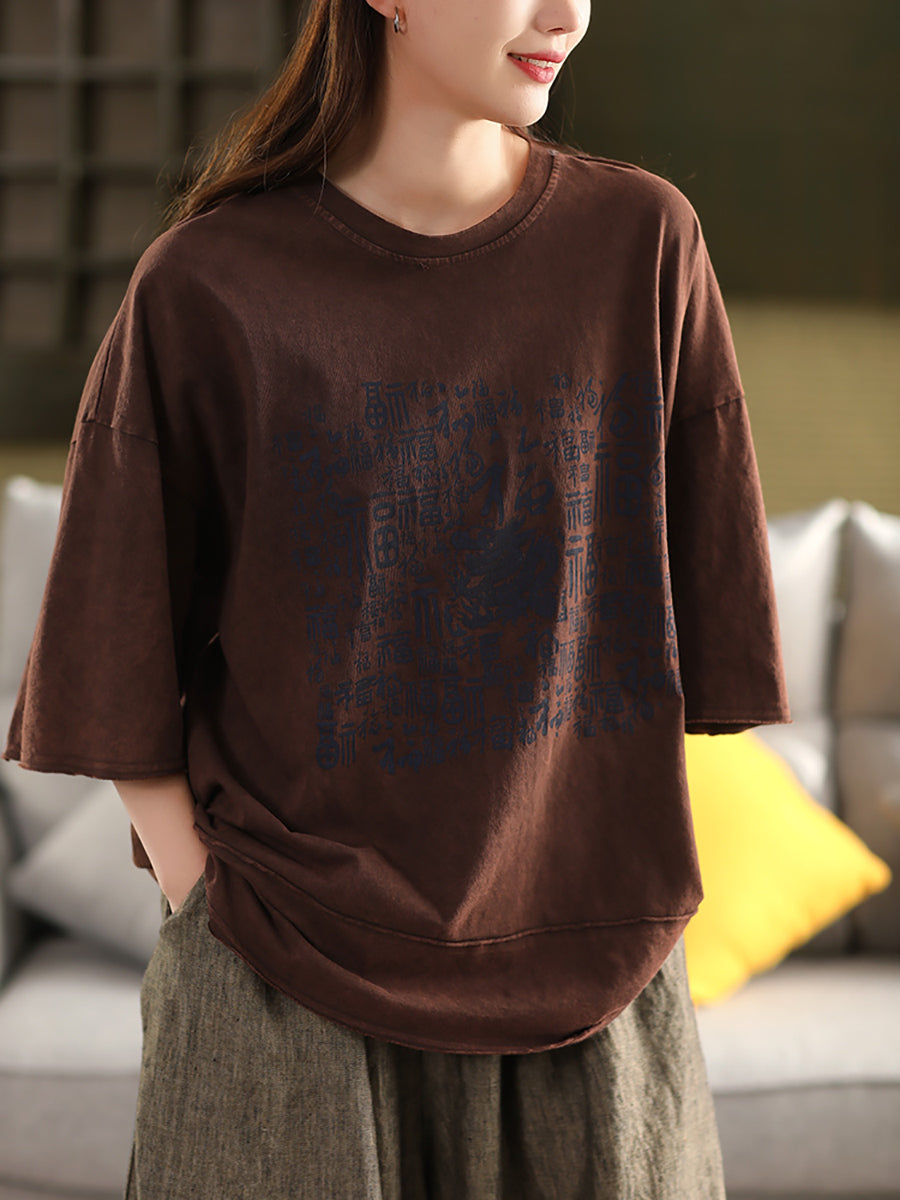 Women Summer Vintage Print O-Neck 100%Cotton Shirt