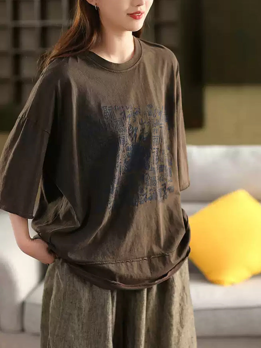 Women Summer Vintage Print O-Neck 100%Cotton Shirt