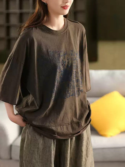 Women Summer Vintage Print O-Neck 100%Cotton Shirt