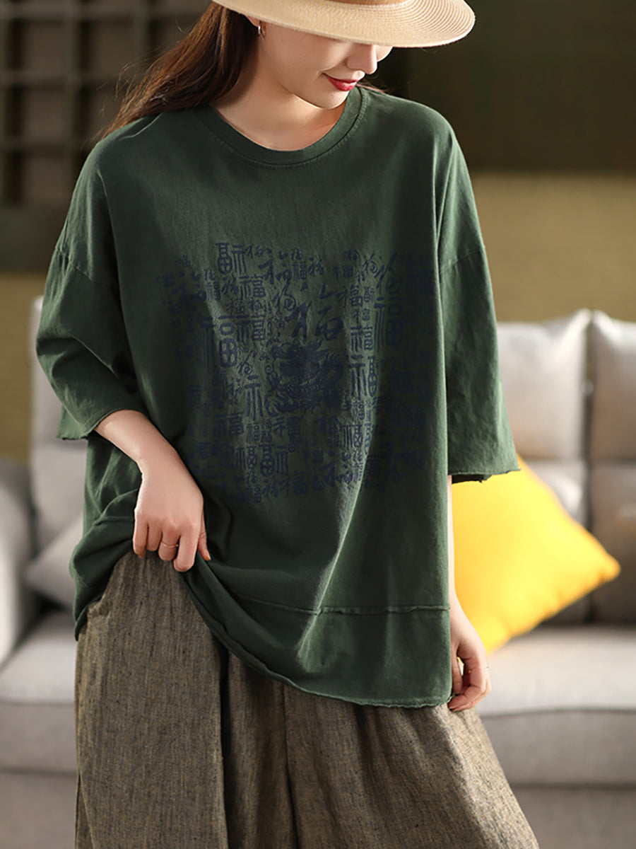 Women Summer Vintage Print O-Neck 100%Cotton Shirt