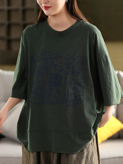 Women Summer Vintage Print O-Neck 100%Cotton Shirt