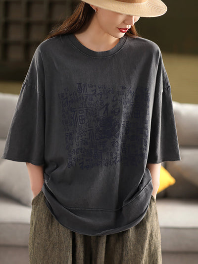 Women Summer Vintage Print O-Neck 100%Cotton Shirt