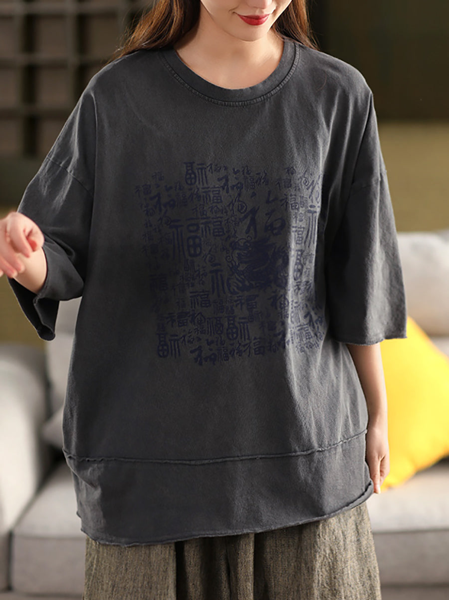 Women Summer Vintage Print O-Neck 100%Cotton Shirt