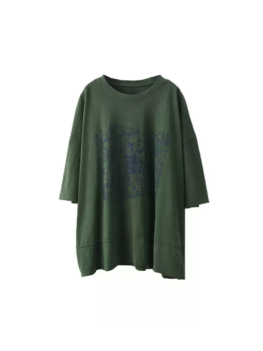 Women Summer Vintage Print O-Neck 100%Cotton Shirt