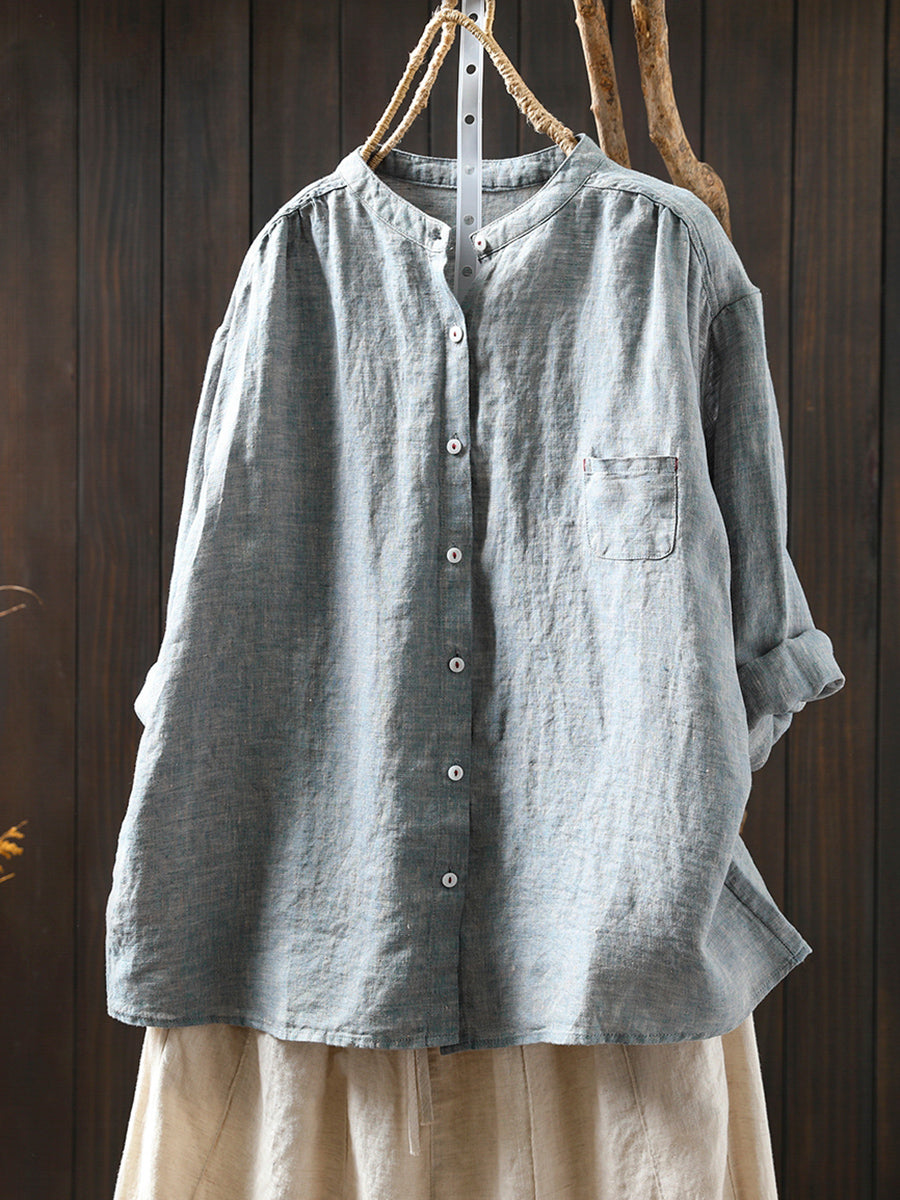 Plus Size Women Summer Pure Color Stand Collar 100%Linen Shirt