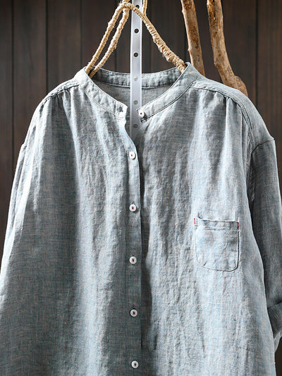 Plus Size Women Summer Pure Color Stand Collar 100%Linen Shirt