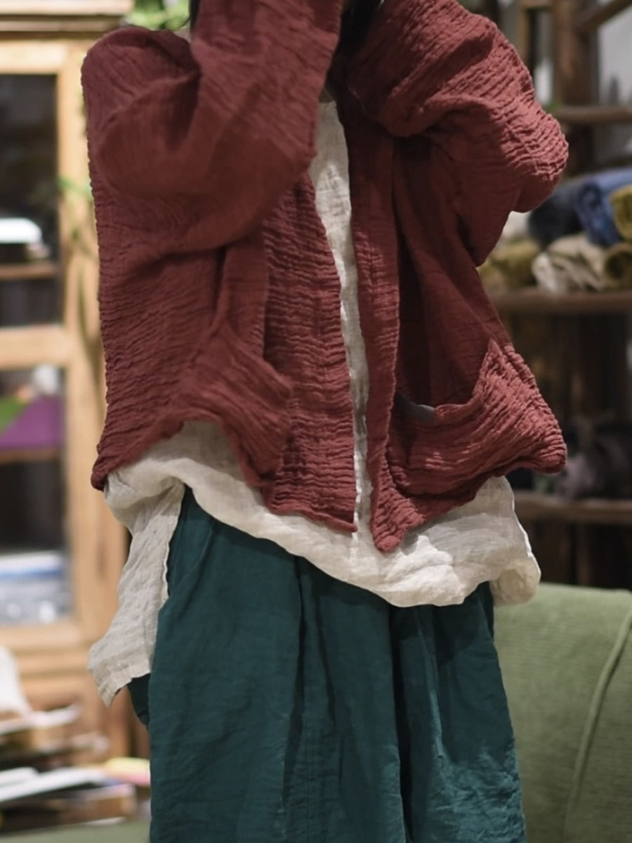 Women Spring Retro O-Neck Pure Color Linen Shirt Coat