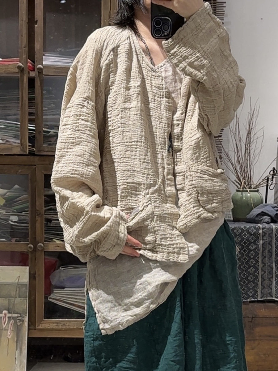 Women Spring Retro O-Neck Pure Color Linen Shirt Coat