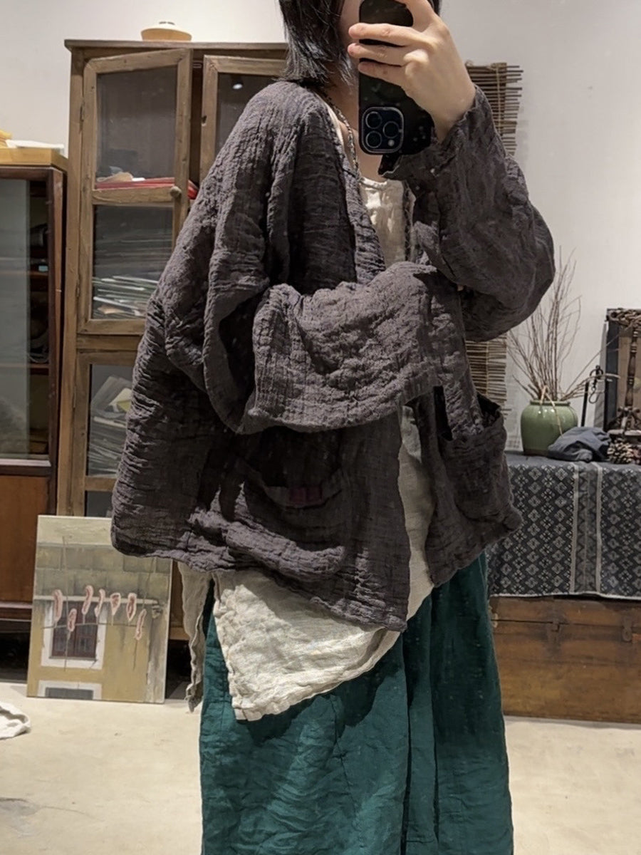 Women Spring Retro O-Neck Pure Color Linen Shirt Coat