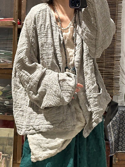 Women Spring Retro O-Neck Pure Color Linen Shirt Coat