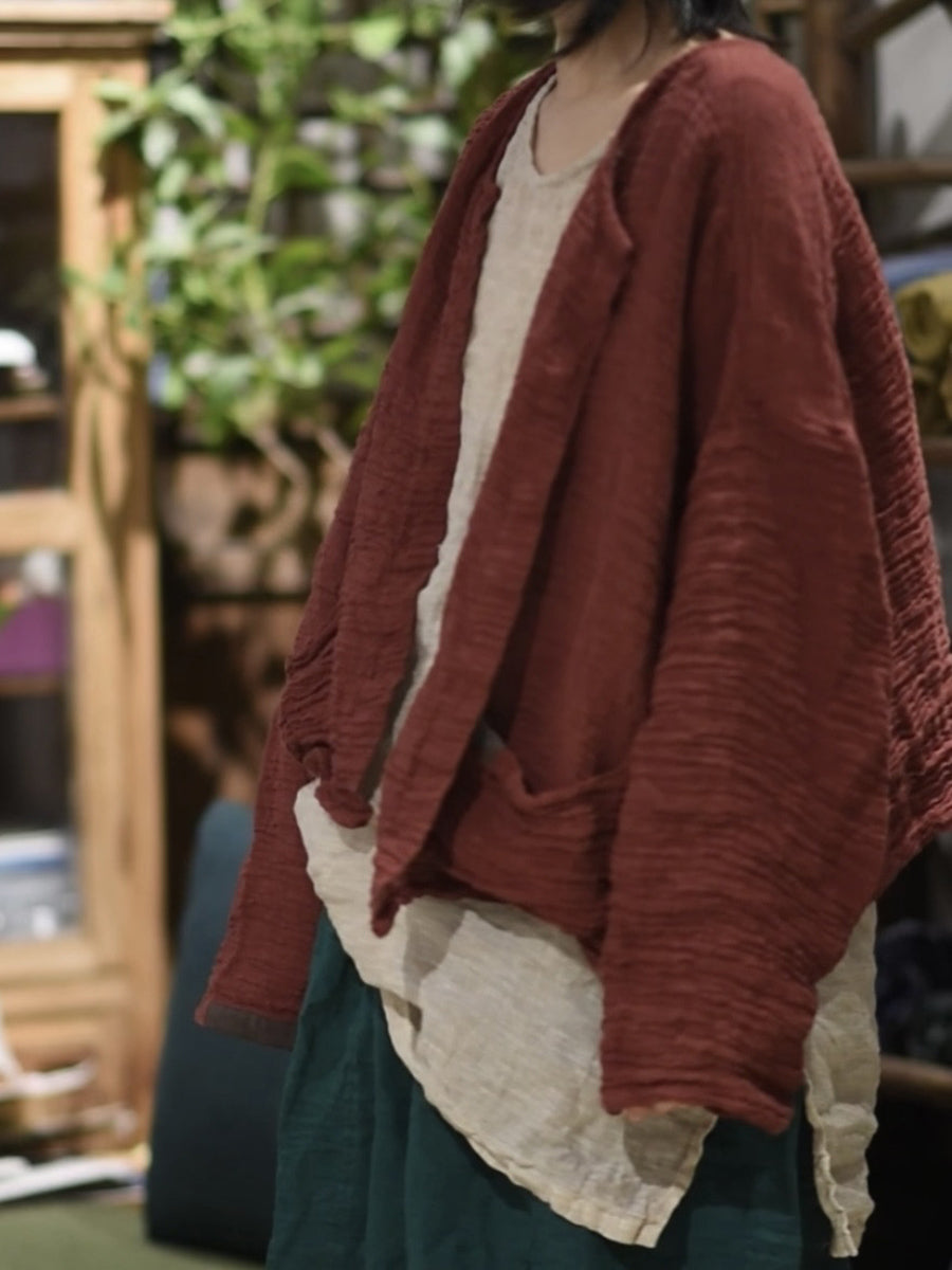 Women Spring Retro O-Neck Pure Color Linen Shirt Coat