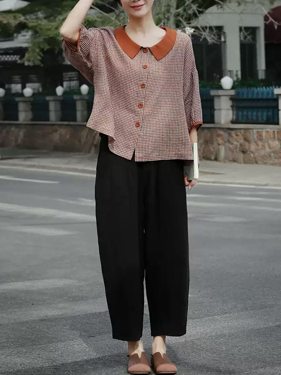Plus Size Women Spring Turn-down Collar Plaid Linen Shirt