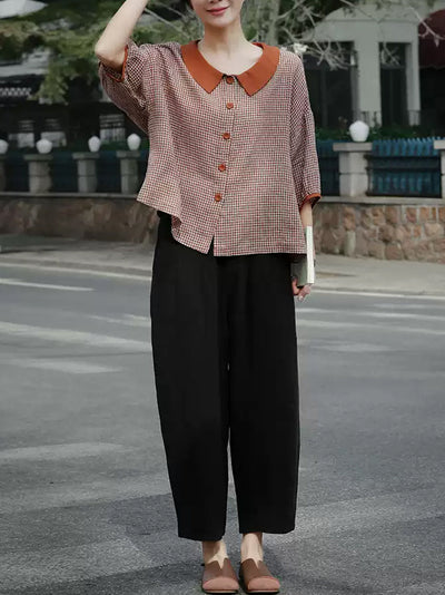Plus Size Women Spring Turn-down Collar Plaid Linen Shirt