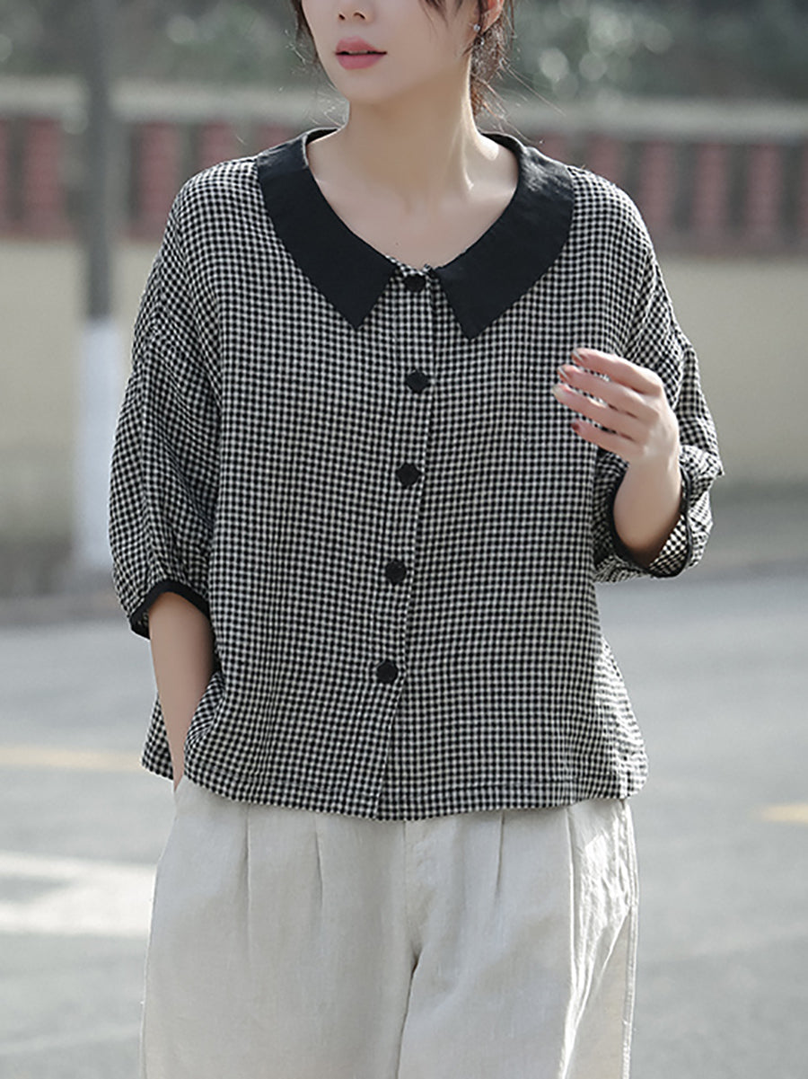 Plus Size Women Spring Turn-down Collar Plaid Linen Shirt