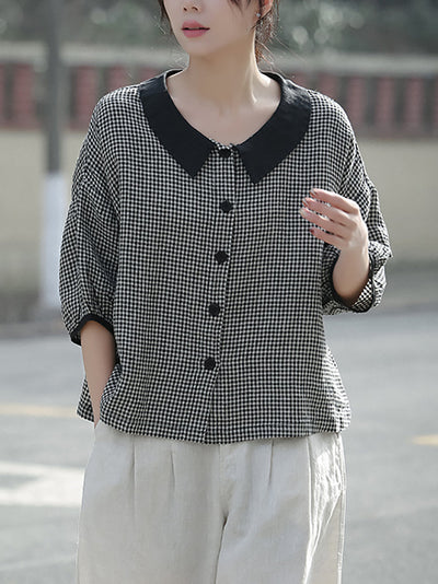 Plus Size Women Spring Turn-down Collar Plaid Linen Shirt