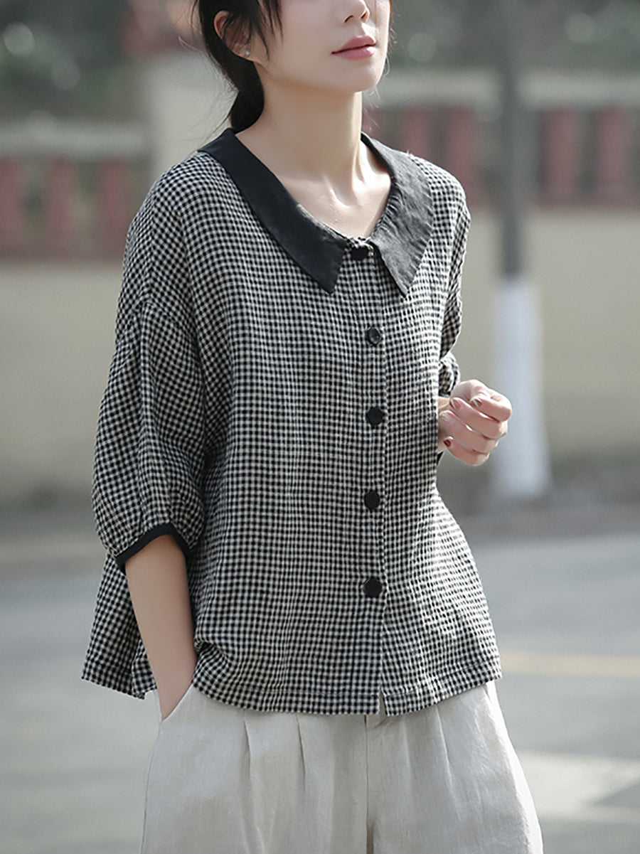 Plus Size Women Spring Turn-down Collar Plaid Linen Shirt