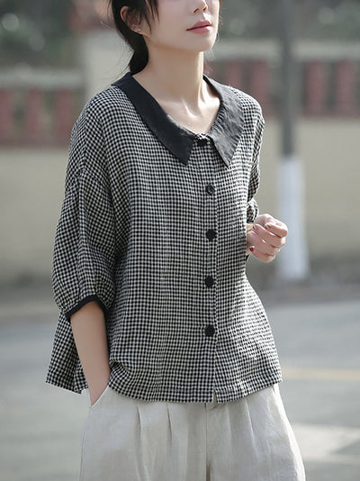 Plus Size Women Spring Turn-down Collar Plaid Linen Shirt