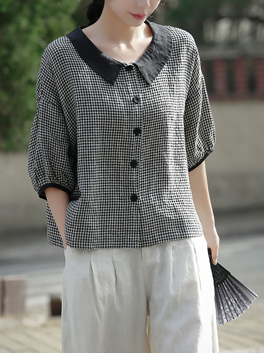 Plus Size Women Spring Turn-down Collar Plaid Linen Shirt