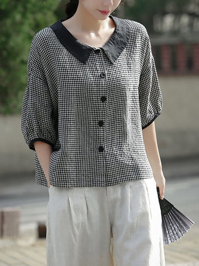 Plus Size Women Spring Turn-down Collar Plaid Linen Shirt